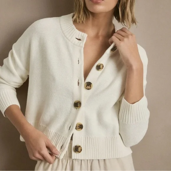 Quince Ivory 100% Organic Cotton Button Front Cropped Cardigan Sweater - Picture 1 of 8